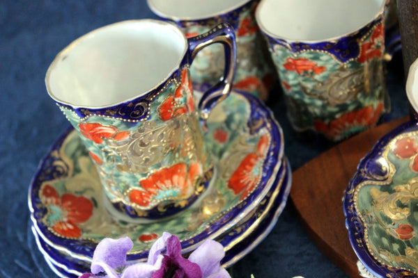 Antique Chocolate Pot Set, Unmarked Nippon, Gilt Moriage, Hand Decorated 17500 - The Vintage TeacupAntique & Vintage