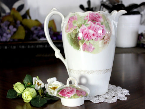 Antique Chocolate Pot, Tall Coffee Pot, Shabby Pink Roses 14823 - The Vintage TeacupTeapots
