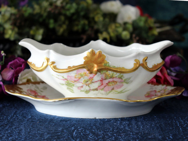 Antique Limoges Gravy Boat, Pink and White Dogwood Roses 17457 - The Vintage TeacupAccessories