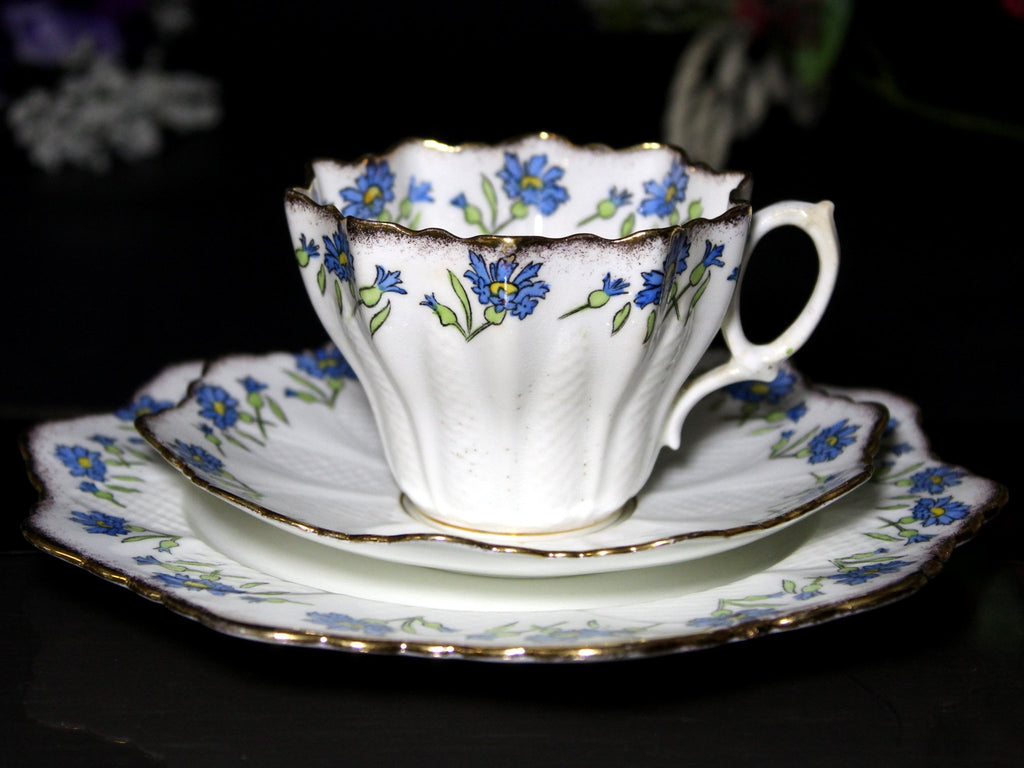 Antique Paragon Trio, Cup Saucer & Side Plate, Blue Daisy English China -K - The Vintage TeacupTeacups