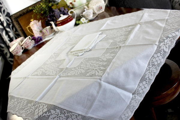 Antique Tablecloth, Linen Table Cloth Handmade Filet Crocheted Accent and Edges 15031 - The Vintage TeacupTablecloth