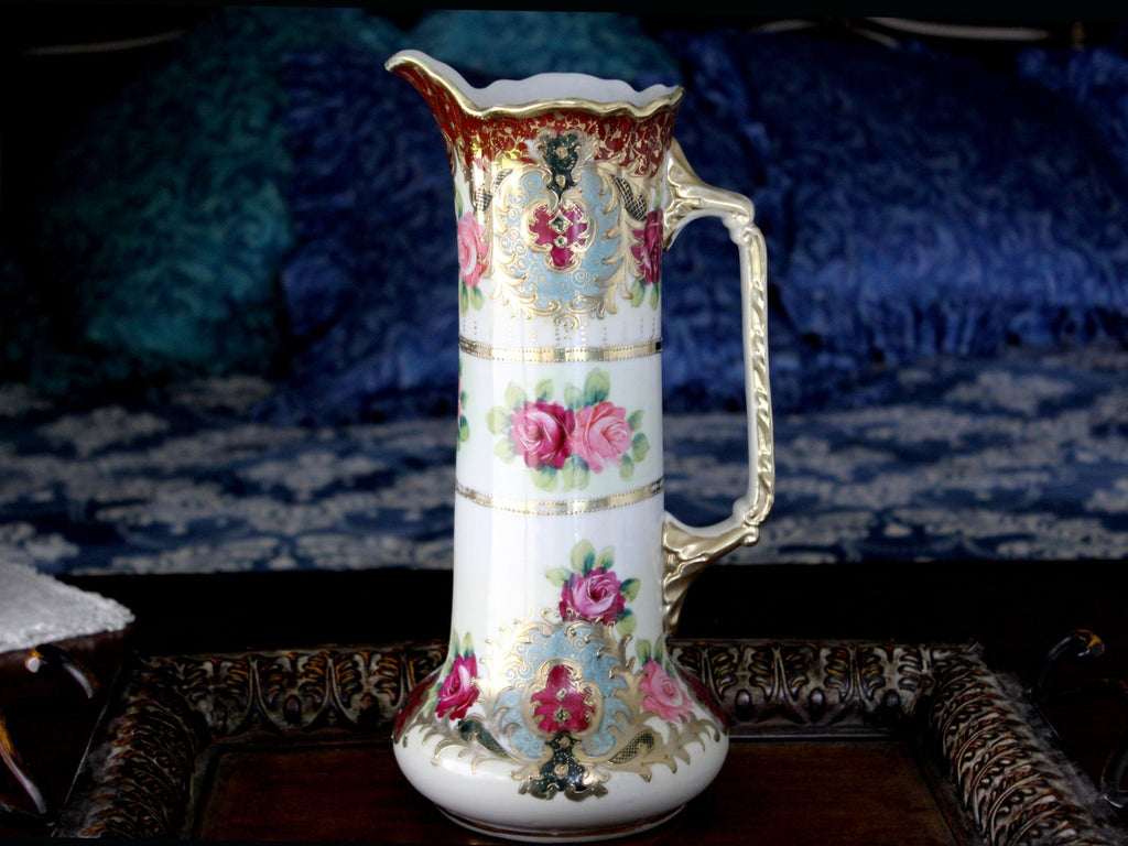 Antique Tall Pitcher, Unmarked Nippon Vase, Moriage, Hand Decorated Porcelain Vase 15831 - The Vintage TeacupAntique & Vintage
