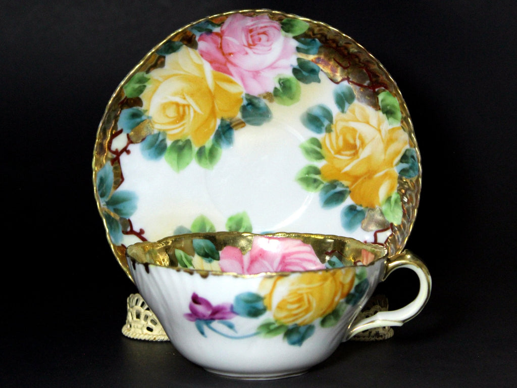 Antique Tea Cup, Japanese Unmarked, Pink & Yellow Rose Teacup and Saucer -J - The Vintage TeacupTeacups