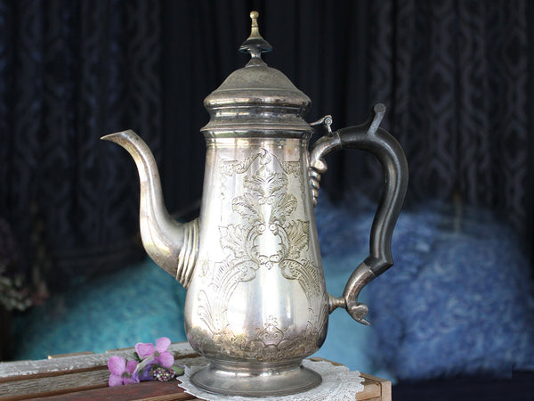 Antique VTG Leonard Silverplate Teapot, Victorian Bakelite Handle, Engraved Chased 16065 - The Vintage TeacupAntique & Vintage