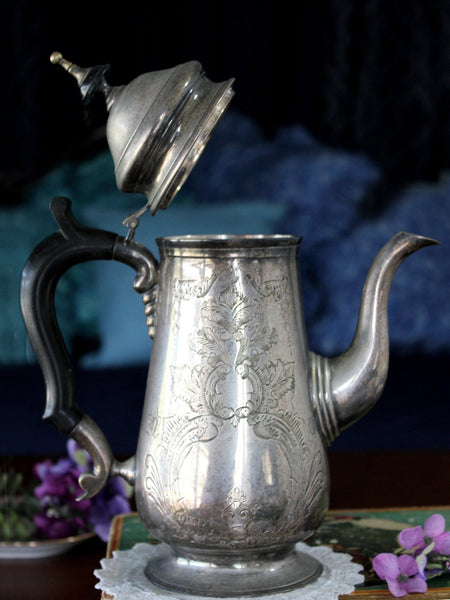 Antique VTG Leonard Silverplate Teapot, Victorian Bakelite Handle, Engraved Chased 16065 - The Vintage TeacupAntique & Vintage