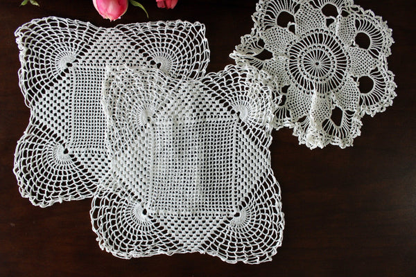 Art Deco, Sunrise Doilies Lot of 3 Vintage Crochet Doilies in Whites 16798 - The Vintage TeacupDoilies