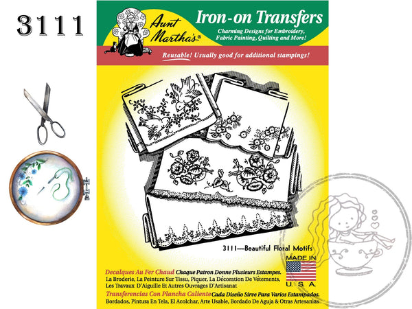 Aunt Martha's 3111, Beautiful Floral Motifs, NEW Transfer Pattern, Hot Iron Transfers, Uncut, Unopened Transfers - The Vintage TeacupHot Iron Transfers