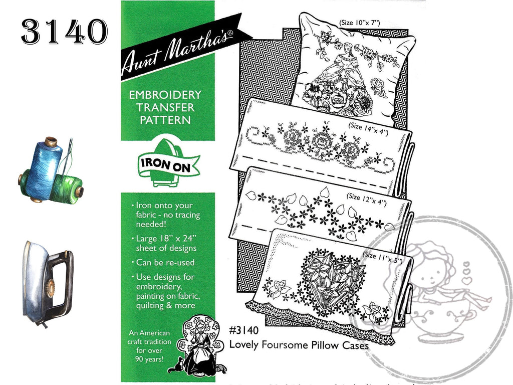 Aunt Martha's 3140, Lovely Foursome, Pillow Cases, NEW Transfer Pattern, Hot Iron Transfers, Uncut, Unopened Transfers - The Vintage TeacupHot Iron Transfers