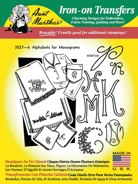 Aunt Martha's 3527, Six Alphabets, Pinecone, Hot Iron Transfer Pattern, Alphabet Embroidery Pattern, Needle Craft Patterns - The Vintage TeacupHot Iron Transfers