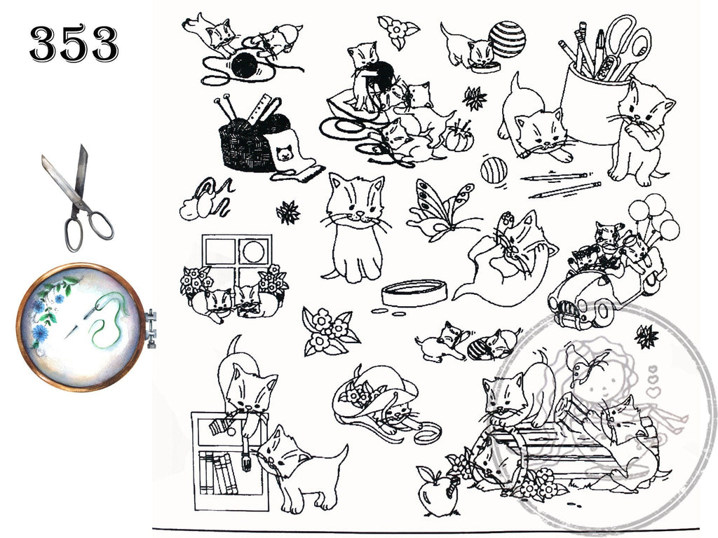 Aunt Martha's 353, Kitten Designs, Transfer Pattern, Hot Iron Transfers, NEW Transfers, For Embroidery, Textile Painting, Needlepoint - The Vintage TeacupHot Iron Transfers