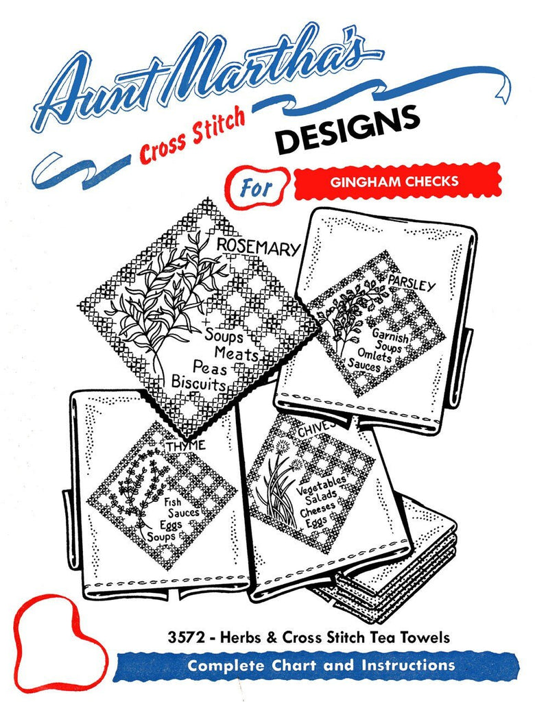 Aunt Martha's, 3572, Herbs & Cross Stitch, for Tea Towels Transfer Pattern, Hot Iron Transfers, Made in USA - The Vintage TeacupHot Iron Transfers