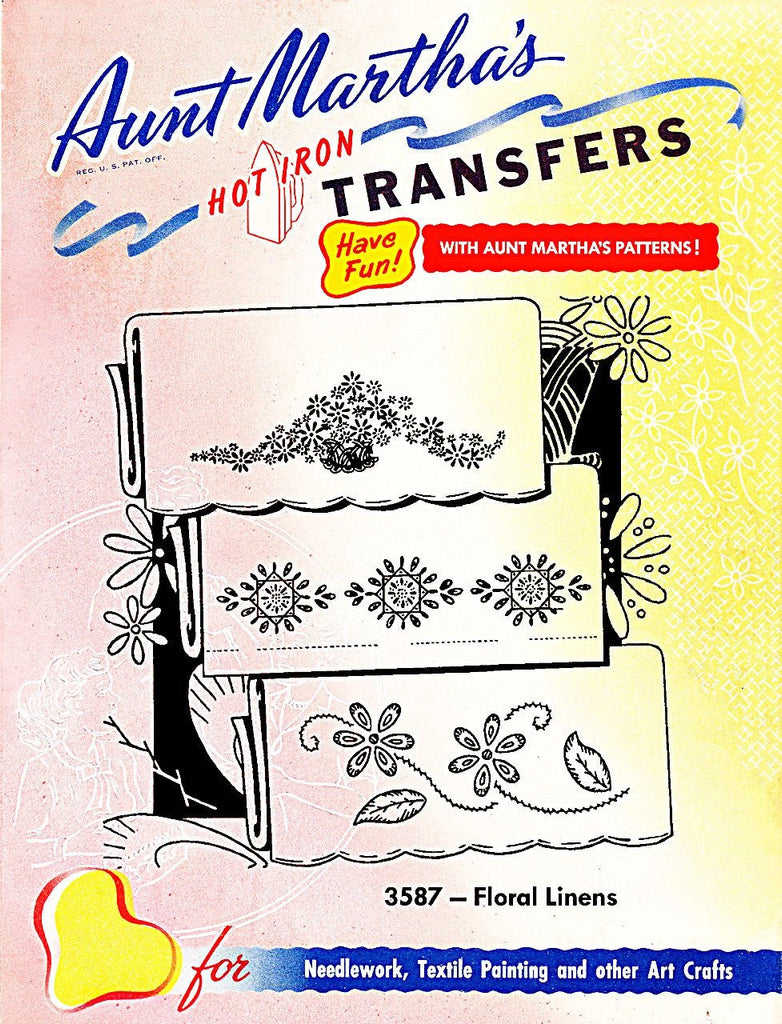 Aunt Martha's, 3587 Floral Linens, With A Flair, Embroidery, Transfer Pattern - The Vintage TeacupHot Iron Transfers