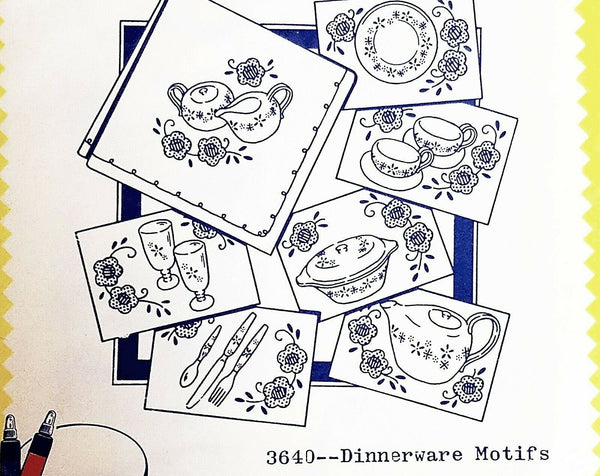 Aunt Martha's, 3640, Dinnerware Motifs, Transfer Pattern, Hot Iron Transfers, NEW Transfers, For Embroidery, Textile Painting - The Vintage TeacupHOT IRON TRANSFERS