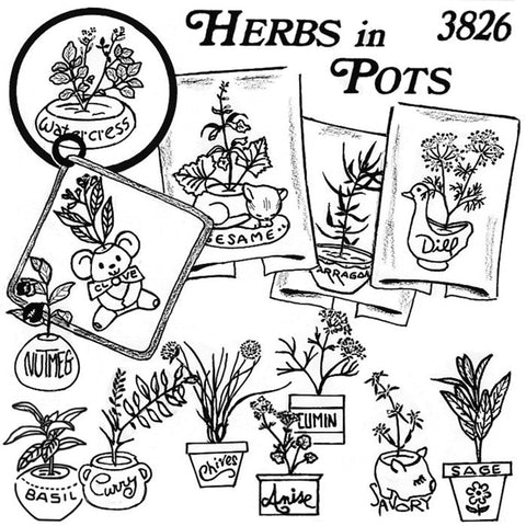Aunt Martha's, 3826 Herbs in Pots, Embroidery, Transfer Pattern - The Vintage TeacupHot Iron Transfers