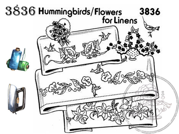 Aunt Martha's 3836, Three Pillowcase Designs, Hummingbirds, Flowers for Linens, Hot Iron Transfers, Uncut, Unopened Transfers - The Vintage TeacupHot Iron Transfers