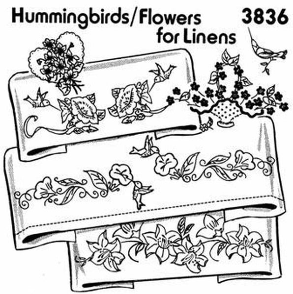 Aunt Martha's 3836, Three Pillowcase Designs, Hummingbirds, Flowers for Linens, Hot Iron Transfers, Uncut, Unopened Transfers - The Vintage TeacupHot Iron Transfers