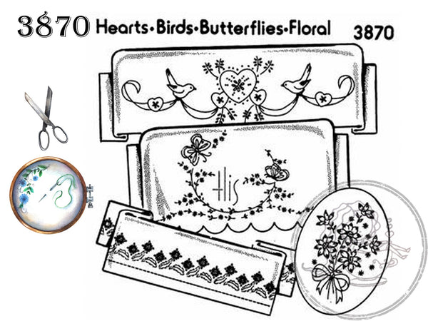 Aunt Martha's 3870, Hearts, Birds, Butterflies, Florals, NEW Transfer Pattern, Hot Iron Transfers, Uncut, Unopened Transfers - The Vintage TeacupHot Iron Transfers