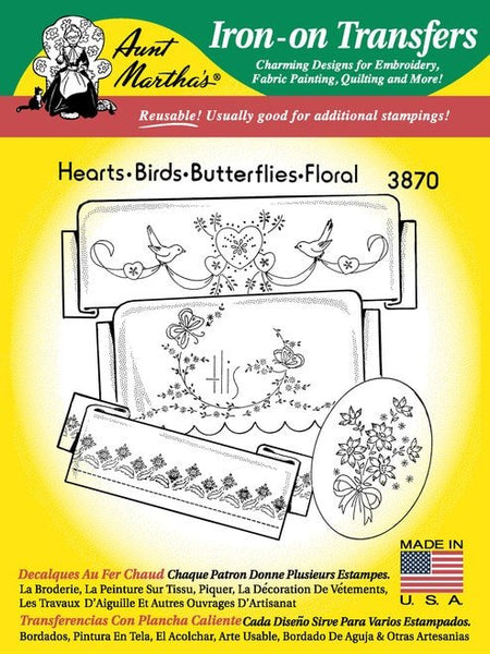 Aunt Martha's 3870, Hearts, Birds, Butterflies, Florals, NEW Transfer Pattern, Hot Iron Transfers, Uncut, Unopened Transfers - The Vintage TeacupHot Iron Transfers