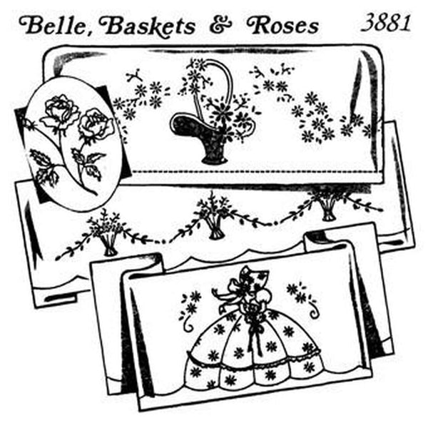 Aunt Martha's 3881 Belle, Baskets, & Rose, NEW Transfer Pattern, Hot Iron Transfers, Uncut, Unopened Transfers - The Vintage TeacupHot Iron Transfers