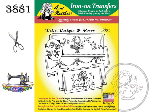 Aunt Martha's 3881 Belle, Baskets, & Rose, NEW Transfer Pattern, Hot Iron Transfers, Uncut, Unopened Transfers - The Vintage TeacupHot Iron Transfers