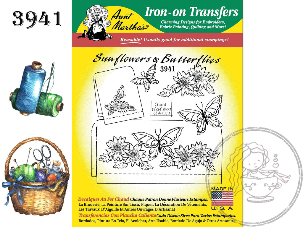 Aunt Martha's 3941 Sunflowers & Butterflies, Transfer Pattern, Hot Iron Transfers, Uncut, Unopened Transfers - The Vintage TeacupHot Iron Transfers