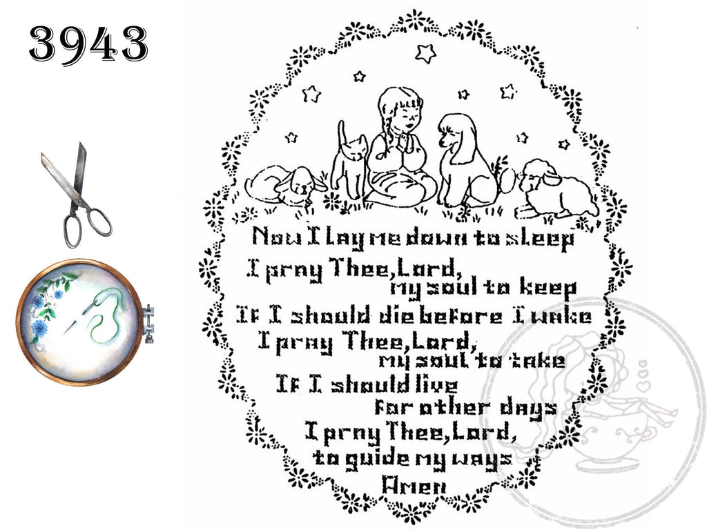 Aunt Martha's 3943, Child's Prayer, Transfer Pattern, Hot Iron Transfers, Now I Lay Me Down - The Vintage TeacupHot Iron Transfers