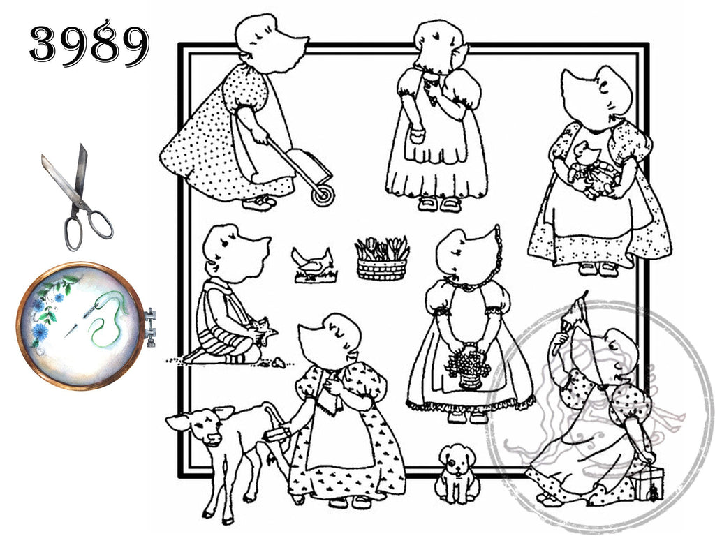vintage Aunt Marthas iron on embroidery transfers, Colonial girls sunbonnet  Sue