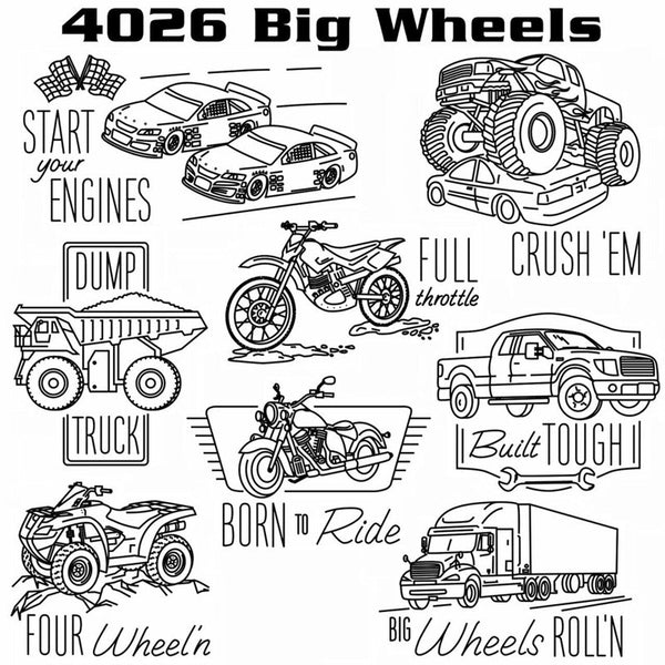 Aunt Martha's 4026, Big Wheels, Transfer Pattern, Hot Iron Transfers, Car Transfers, Fabric Painting Patterns - The Vintage TeacupNeedlecraft Patterns