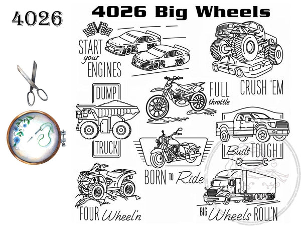 Aunt Martha's 4026, Big Wheels, Transfer Pattern, Hot Iron Transfers, Car Transfers, Fabric Painting Patterns - The Vintage TeacupNeedlecraft Patterns