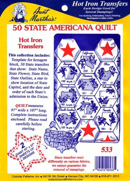 Aunt Martha's, 533, 50 State, Americana Quilt, NEW Transfer Pattern, Hot Iron Transfers - The Vintage TeacupHOT IRON TRANSFERS