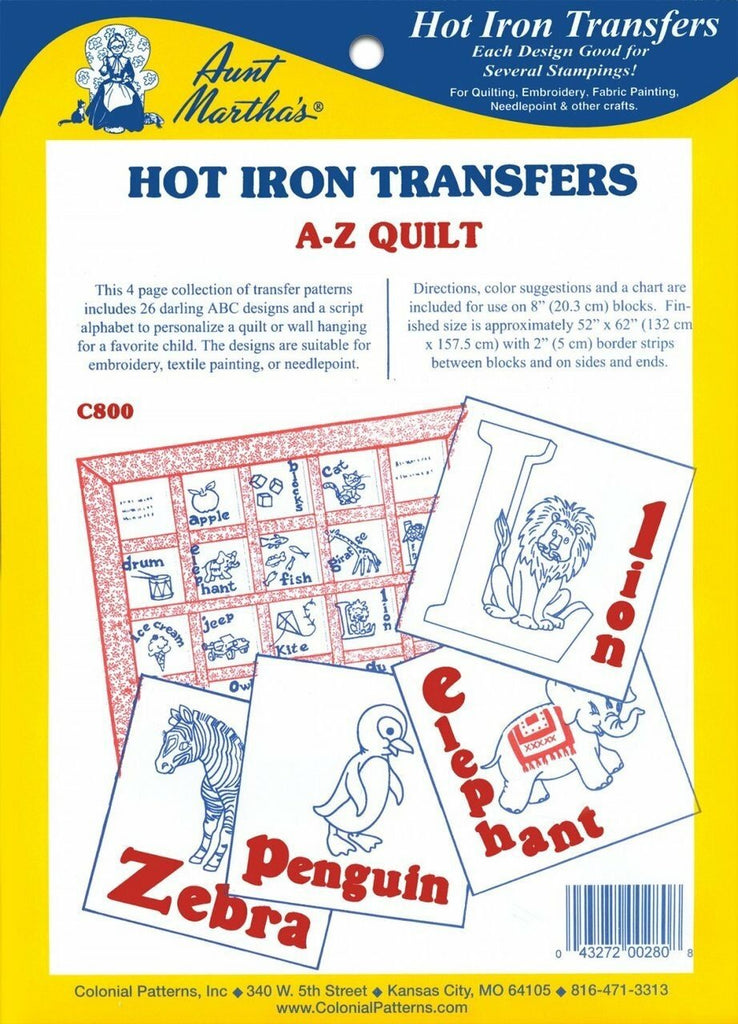 Aunt Martha's, c800, A-Z Quilt, Transfer Pattern, Hot Iron Transfers, 26 ABC Designs - The Vintage TeacupHOT IRON TRANSFERS