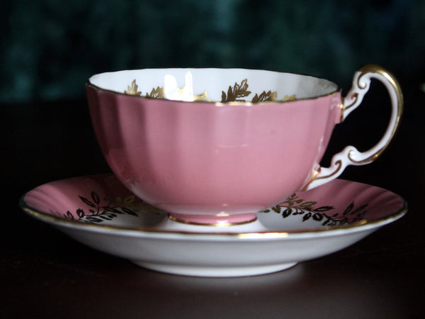 Aynsley Dusky Pink Teacup, Floral Interior, Oban Tea Cup & Saucer Set -J - The Vintage TeacupTeacups