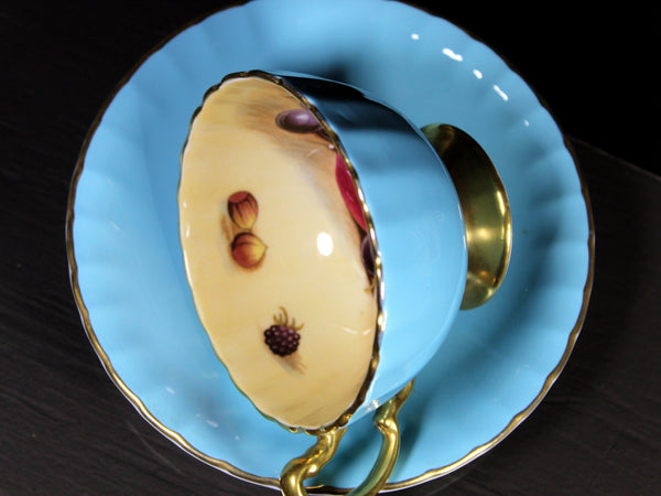 Aynsley, Fruit Painted, Signed Teacup, Oban Shape Tea Cup & Saucer Set, England -K - The Vintage TeacupTeacups