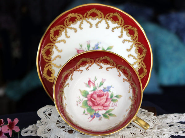 Aynsley Tea Cup, Teacup and Saucer, Burgundy Banding, English Bone China 16303 - The Vintage TeacupTeacups