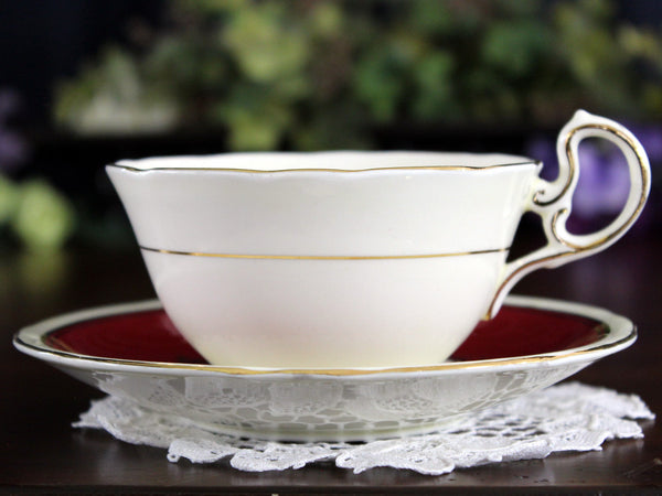 Aynsley Tea Cup, Teacup and Saucer, Burgundy Banding, English Bone China 17852 - The Vintage TeacupTeacups