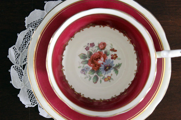 Aynsley Tea Cup, Teacup and Saucer, Burgundy Banding, English Bone China 17852 - The Vintage TeacupTeacups