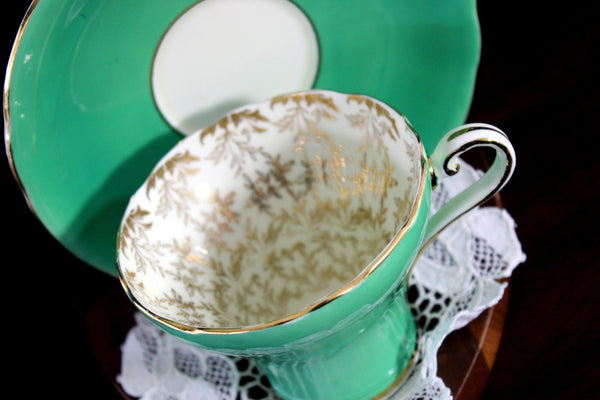 Aynsley Teacup, Corset Waist, Green Tea Cup and Saucer with Gilt Chintz 17843 - The Vintage TeacupTeacups