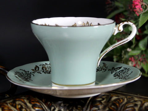 Aynsley Teacup, Corset Waist, Sage Green Tea Cup and Saucer with Gilt Chintz -K - The Vintage TeacupTeacups