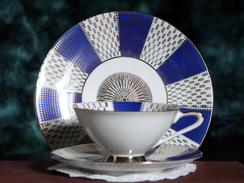 Bareuther Trio, Teacup, Saucer & Side Plate, Blue Panels with Gilt Decoration, Bavaria -J - The Vintage TeacupTeacups