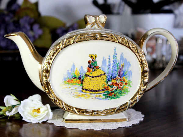 Barrel Sadler Tea Pot, Vintage Footed Sadler, Bow Handle, Oval Teapot, Crinoline Lady 14795 - The Vintage TeacupTeapots