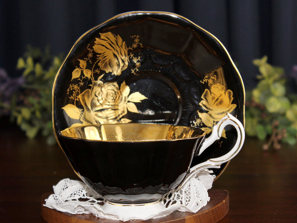 Black Queen Anne, Gold Roses, Wide Mouthed Teacup & Saucer 16266 - The Vintage TeacupTeacups