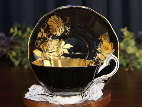 Black Queen Anne, Gold Roses, Wide Mouthed Teacup & Saucer 16266 - The Vintage TeacupTeacups