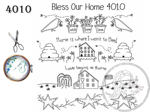 Bless Our Home, Aunt Martha's, Pattern 4010, Hot Iron Transfers, NEW Uncut, Unopened, Transfers for Embroidery - The Vintage TeacupHot Iron Transfers