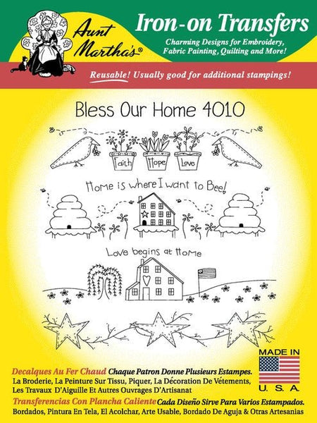 Bless Our Home, Aunt Martha's, Pattern 4010, Hot Iron Transfers, NEW Uncut, Unopened, Transfers for Embroidery - The Vintage TeacupHot Iron Transfers