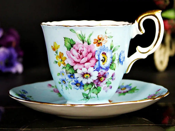 Blue DEMITASSE Teacup, Crown Staffordshire Demi Tea Cup and Saucer, England -J - The Vintage TeacupTeacups