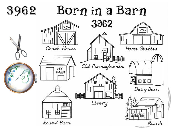 Born in a Barn, 3962, Aunt Martha's®, Vintage Embroidery, Transfer Pattern, Hot Iron Transfers, Uncut, Barns to Embroider - The Vintage TeacupHot Iron Transfers