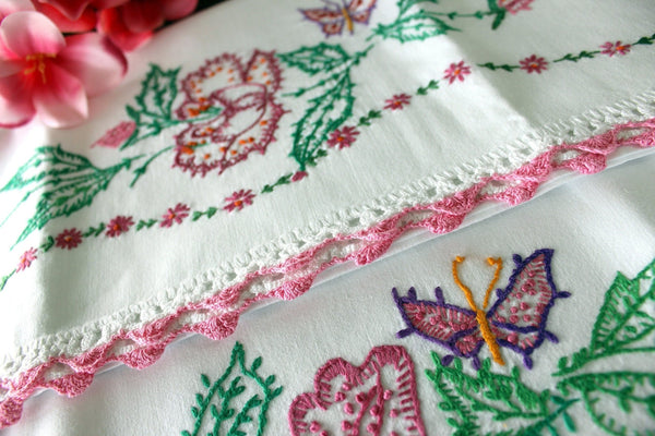 Butterfly Embroidered Pillowcases, Vintage Pillow Case Set, White Cotton, Pink Crocheted Lace Edging 16905 - The Vintage TeacupVintage Pillowcases