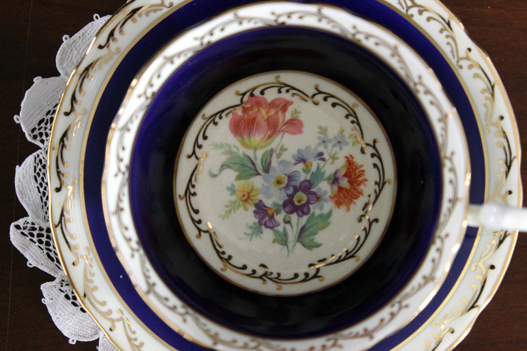 Cobalt Blue, Aynsley Teacup, Tea Cup and Saucer with Floral Interior 17854 - The Vintage TeacupTeacups