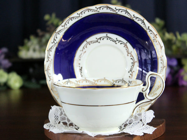 Cobalt Blue, Aynsley Teacup, Tea Cup and Saucer with Floral Interior 17854 - The Vintage TeacupTeacups