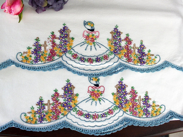 Cotton Pillow Cases, Southern Belle, Embroidered Crinoline Lady Pillowcases, Matching Pair 17648 - The Vintage TeacupVINTAGE PILLOWCASES